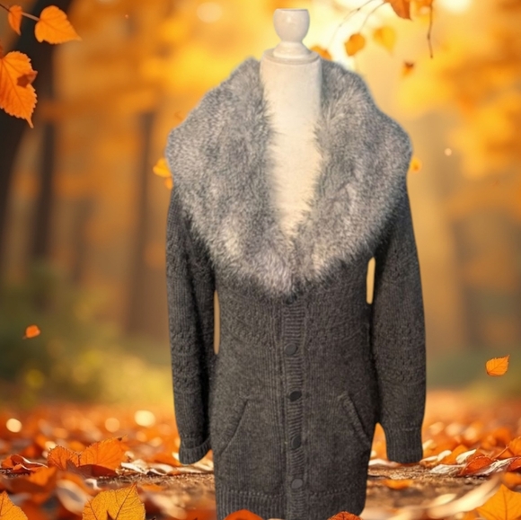 AX Armani Exchange gray wool blend cardigan sweater faux silver fox collar Sz m - Picture 1 of 9